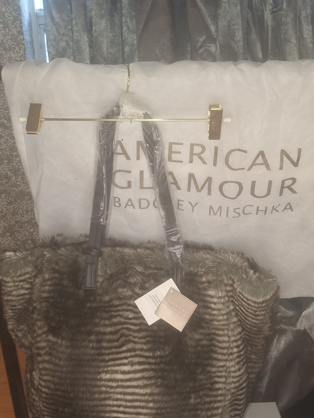Badgley Mischka Faux Fur Striped Tote in Gray and Black